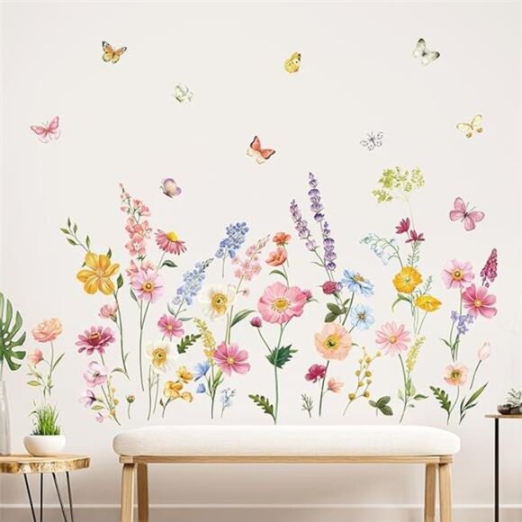 Flower Wall Decals Daisy Butterflies Wildflower Stickers Girls Bedroom Home Deco - Picture 7 of 7